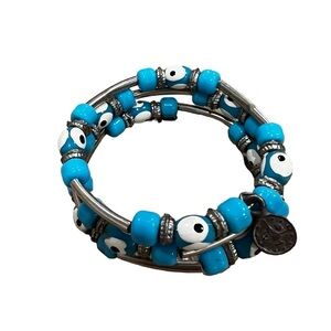 Greek Blue Evil Eye Wrap Beaded Wood Bracelet Hand Painted